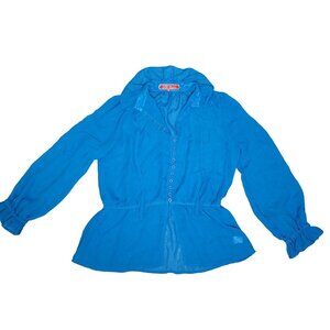 Vintage Style Gi Gi Florence Blue Blouse With Puff Sleeves & Button Front sz xs